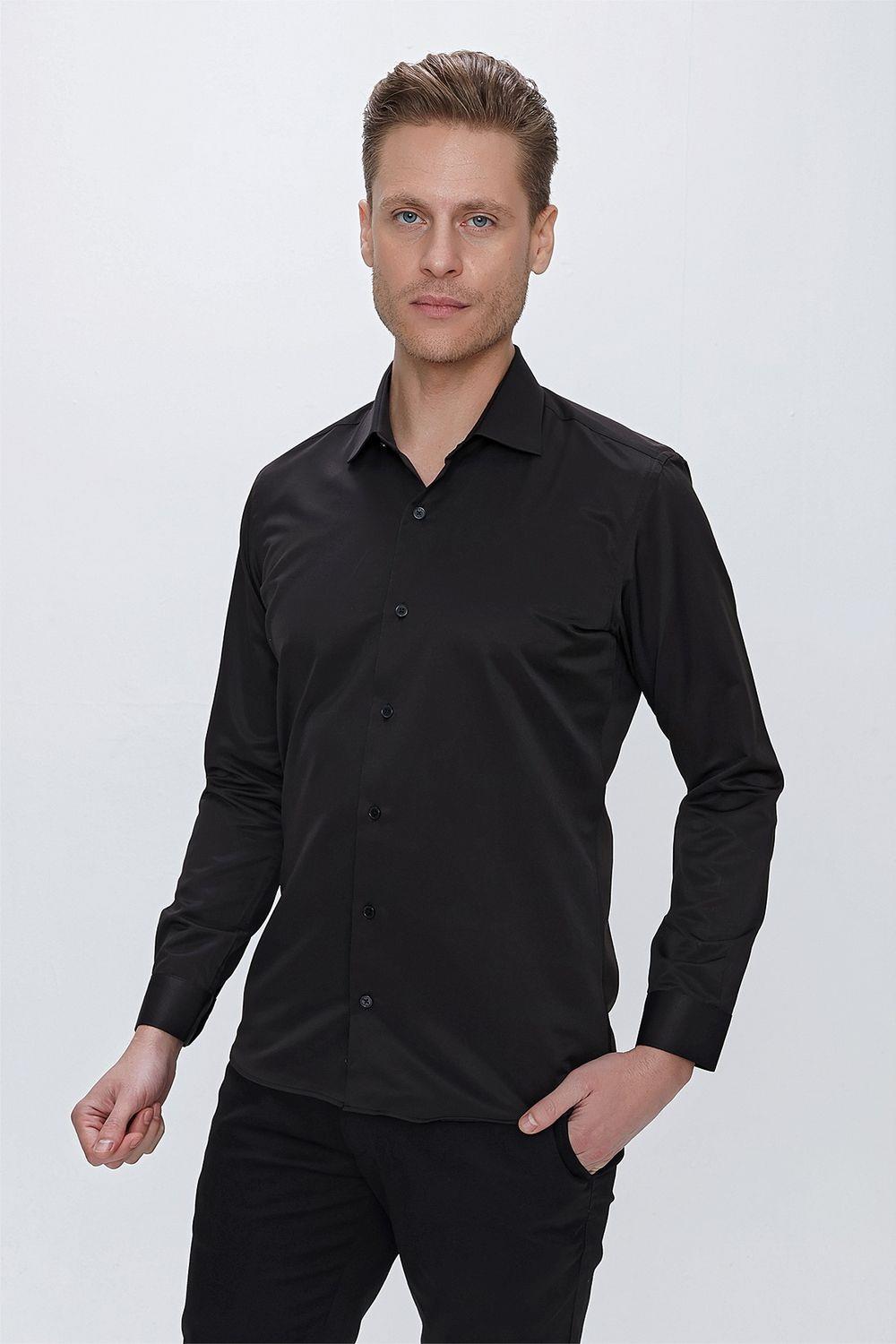 Gk 624 Slim Fit Pamuk Saten Klasik Siyah Gömlek 