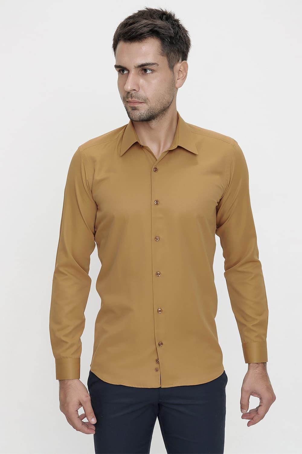 Gk 624 Slim Fit Pamuk Saten Klasik Taba Gömlek 