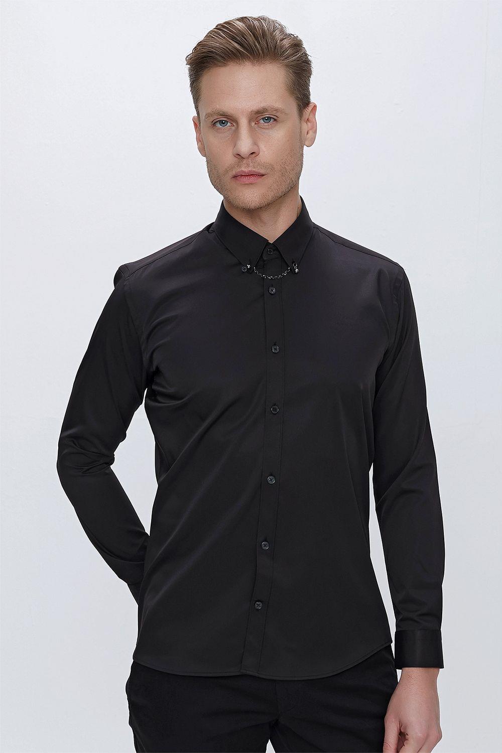 GK 666 Slim Fit Siyah Klasik Gömlek