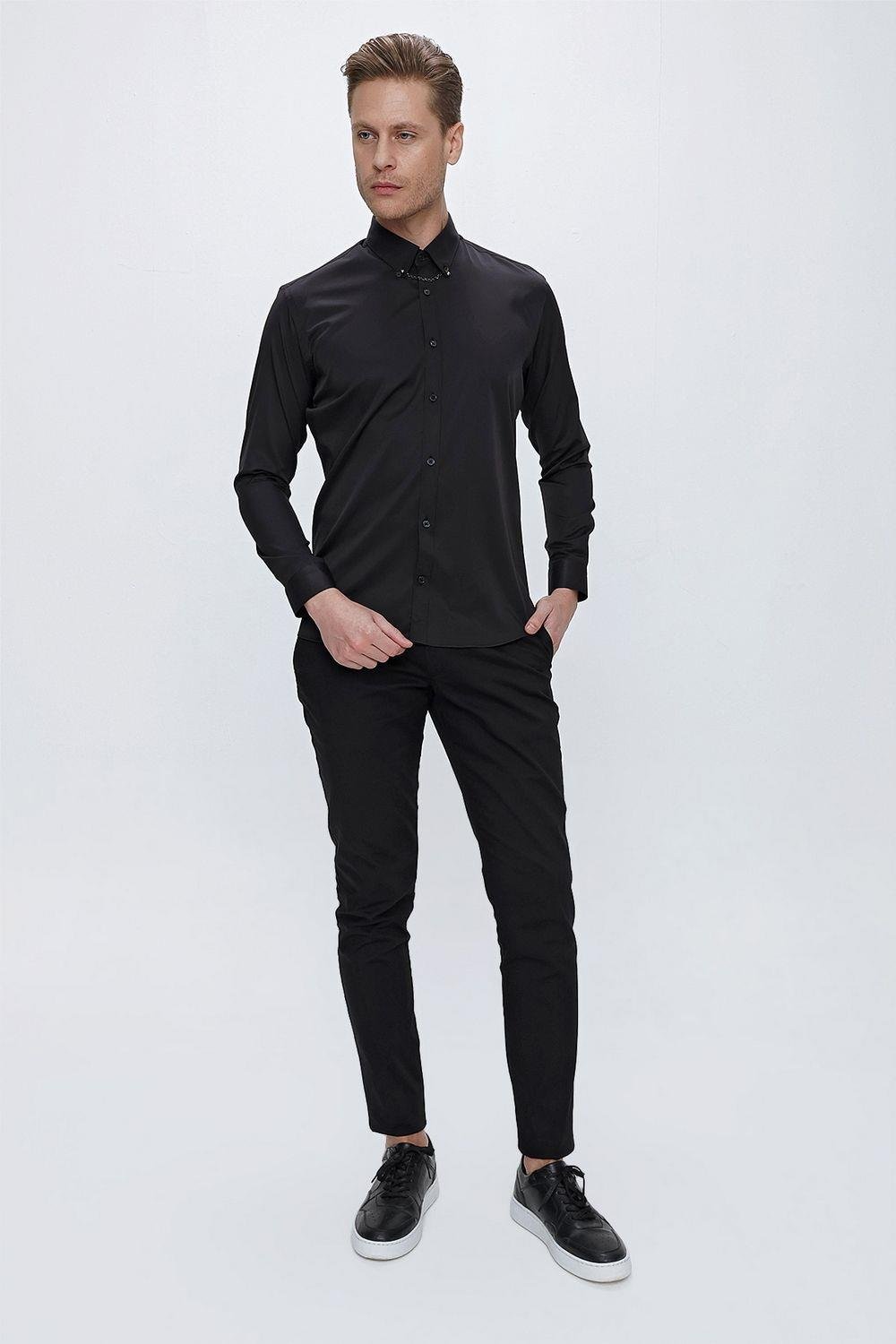 GK 666 Slim Fit Siyah Klasik Gömlek