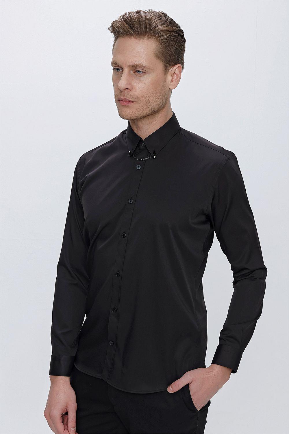GK 666 Slim Fit Siyah Klasik Gömlek