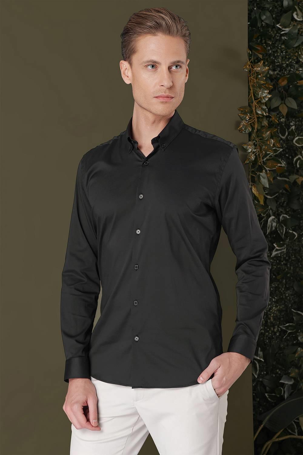 Gk 708 Slim Fit Düğmeli Yaka Esnek Pamuk Klasik Siyah Gömlek