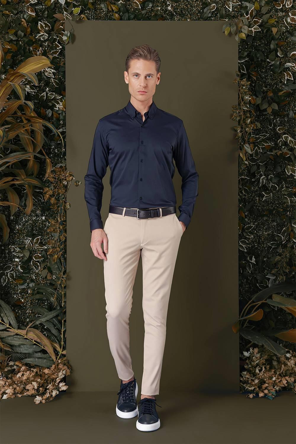 Gk 708 Slim Fit Düğmeli Yaka Esnek Pamuk Klasik Lacivert Gömlek