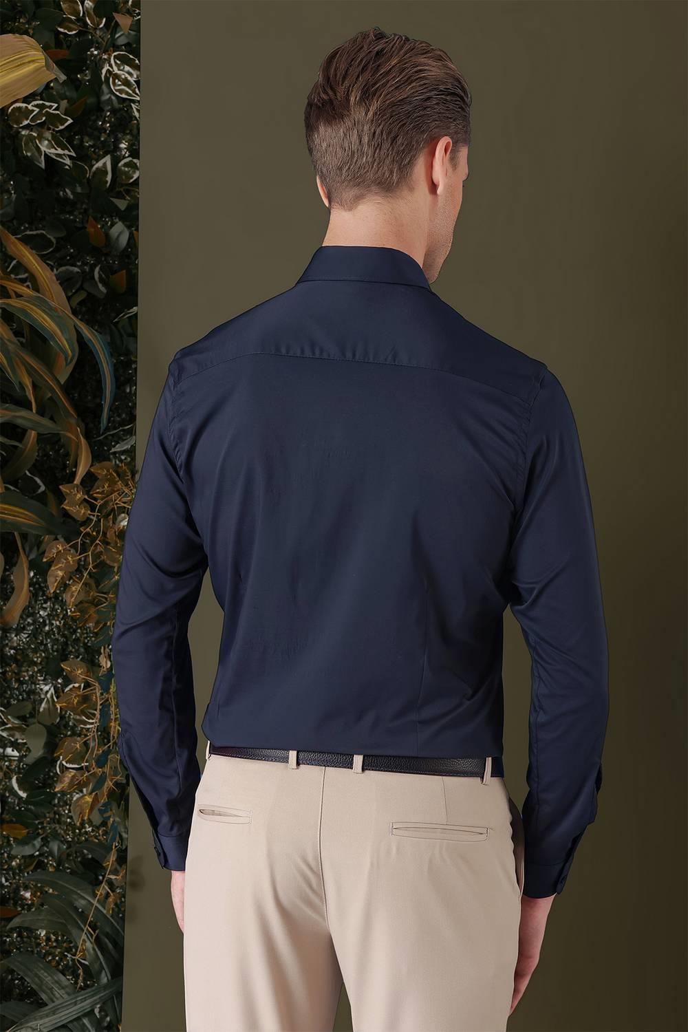 Gk 708 Slim Fit Düğmeli Yaka Esnek Pamuk Klasik Lacivert Gömlek