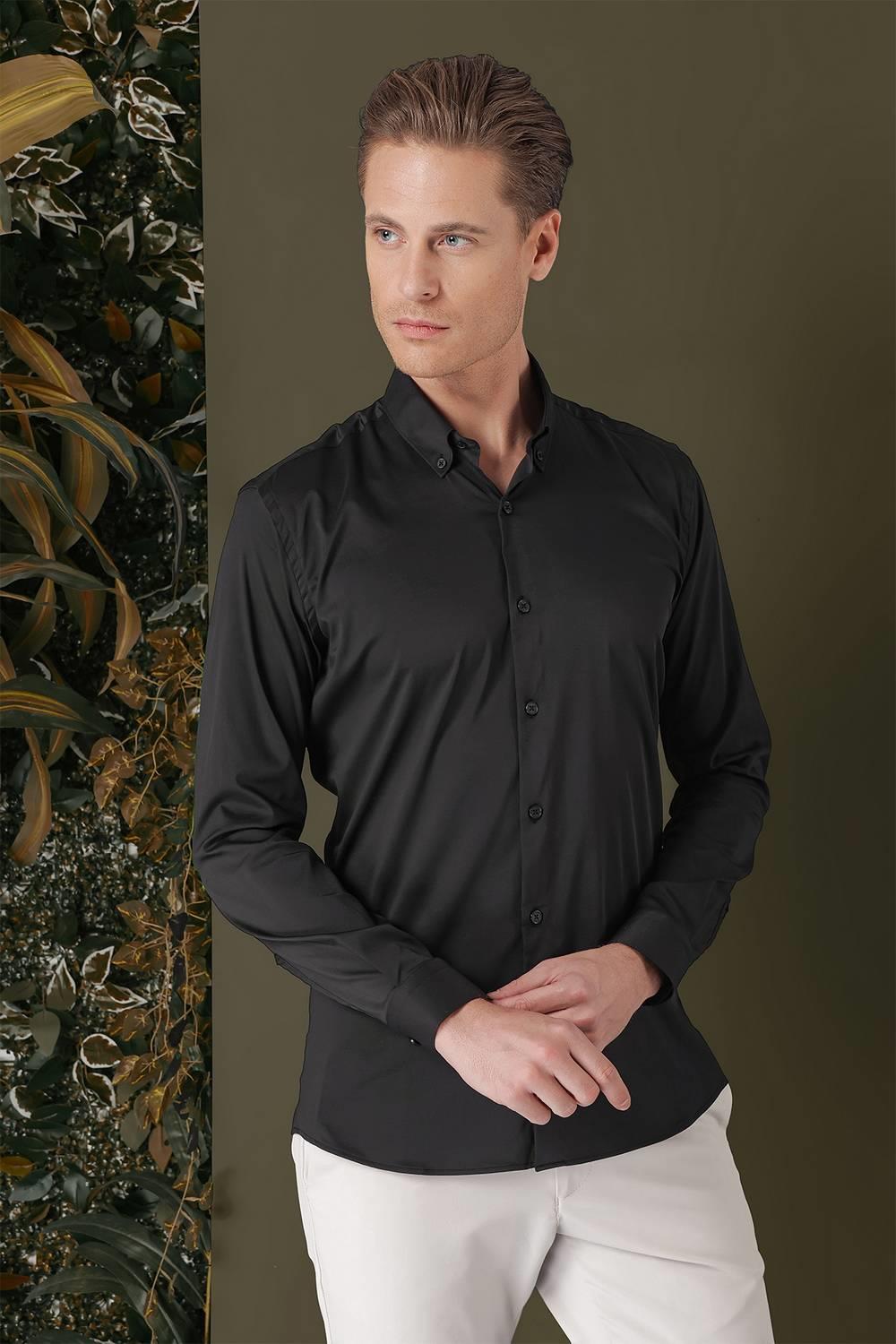 Gk 708 Slim Fit Düğmeli Yaka Esnek Pamuk Klasik Siyah Gömlek