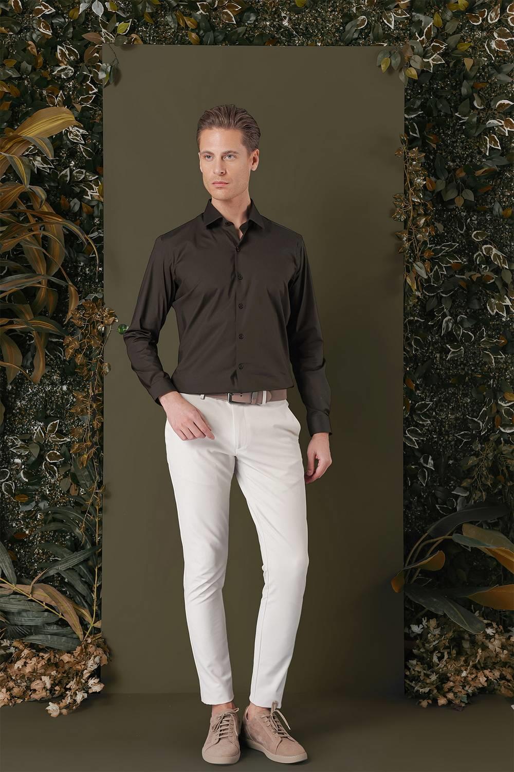 GK 709 Slim Fit Kahve Klasik Gömlek