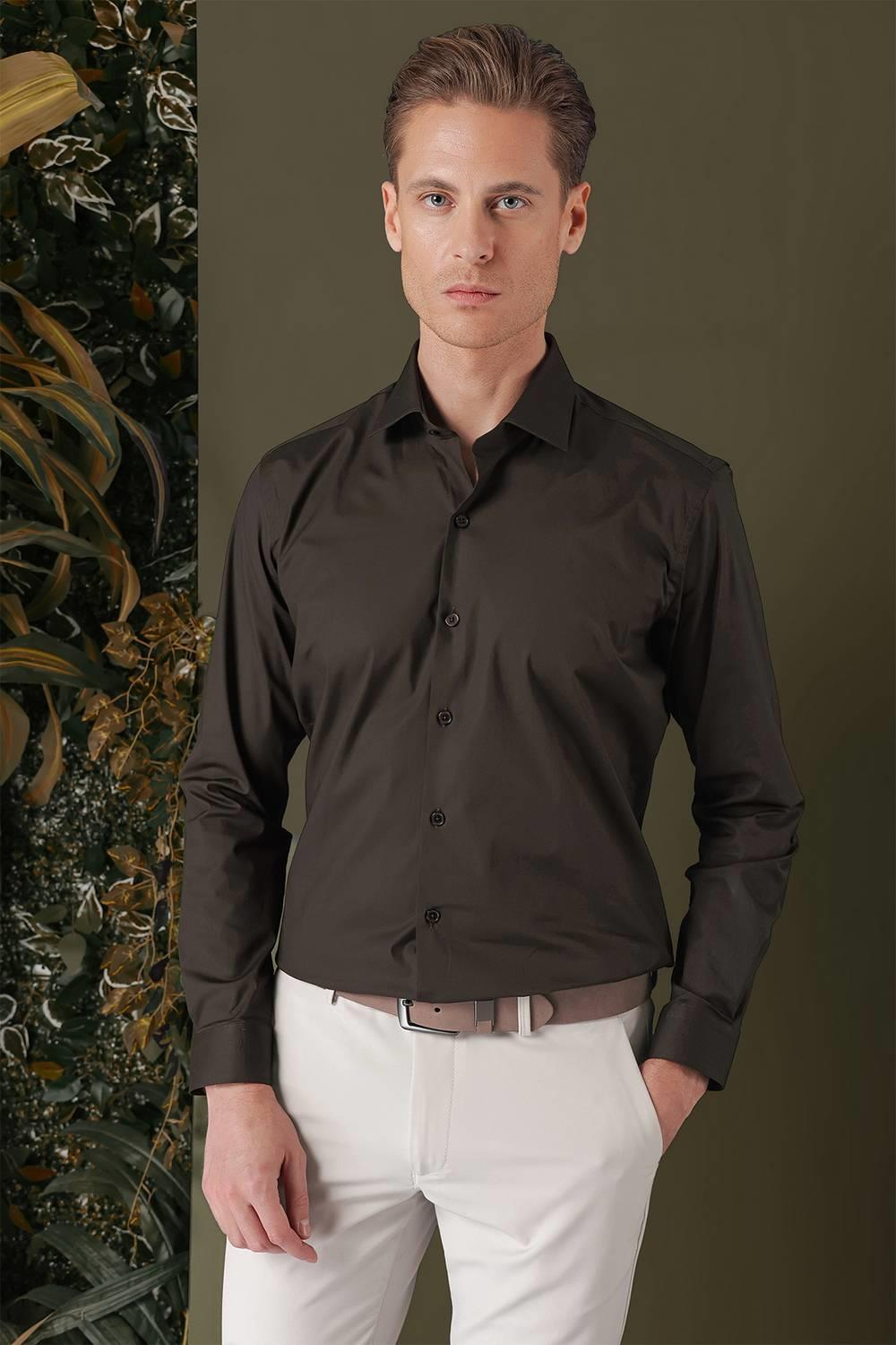 GK 709 Slim Fit Kahve Klasik Gömlek