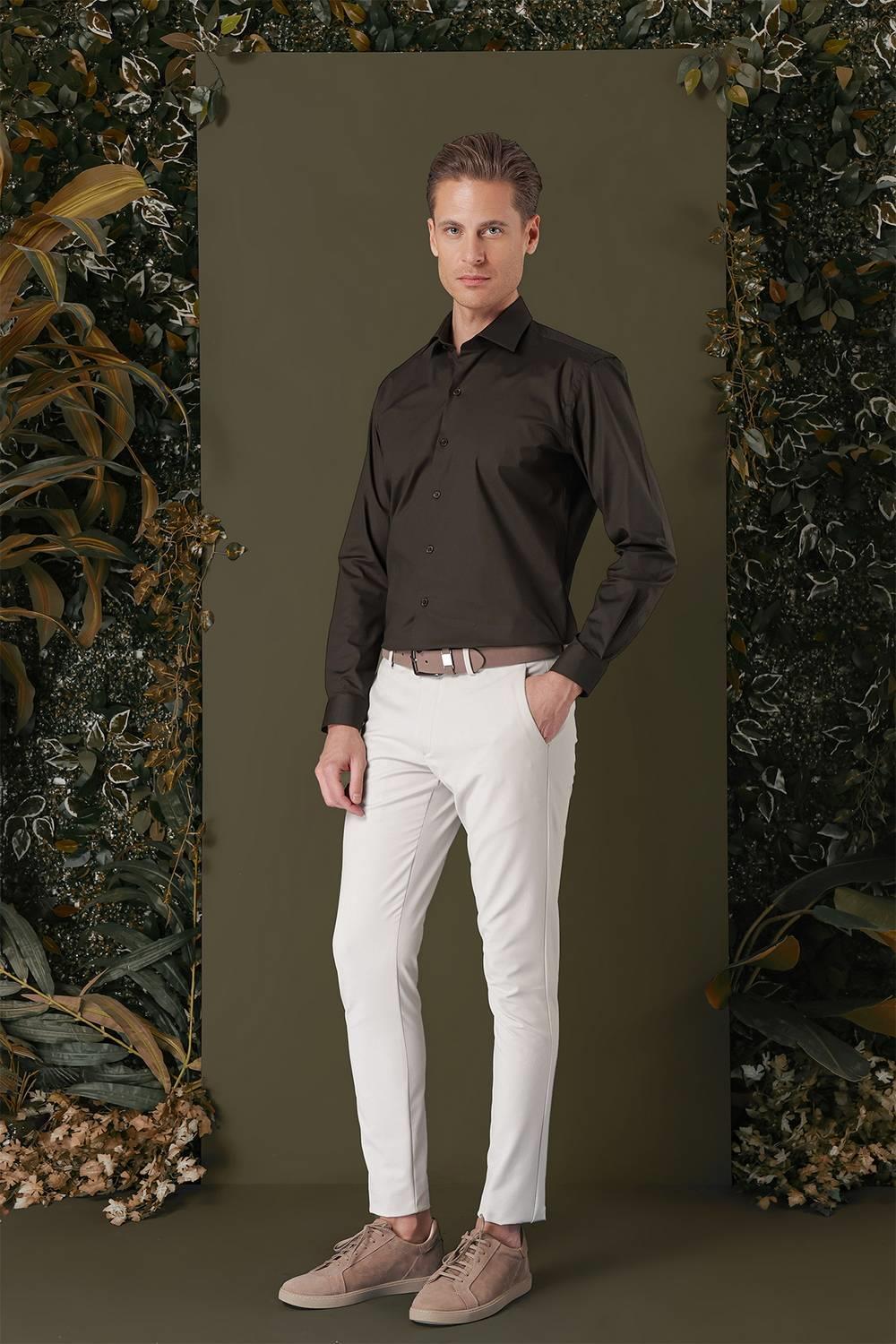GK 709 Slim Fit Kahve Klasik Gömlek