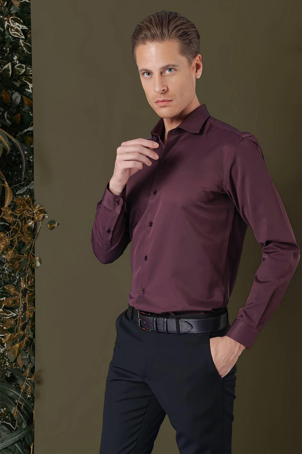 GK 709 Slim Fit Mürdüm Klasik Gömlek