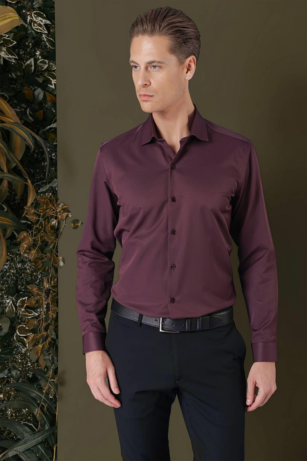GK 709 Slim Fit Mürdüm Klasik Gömlek
