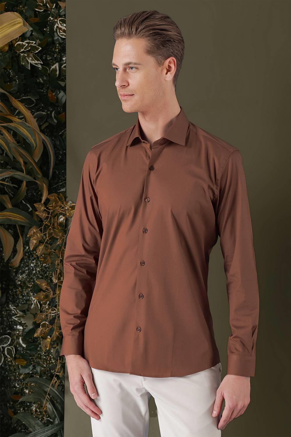 GK 709 Slim Fit Taba Klasik Gömlek