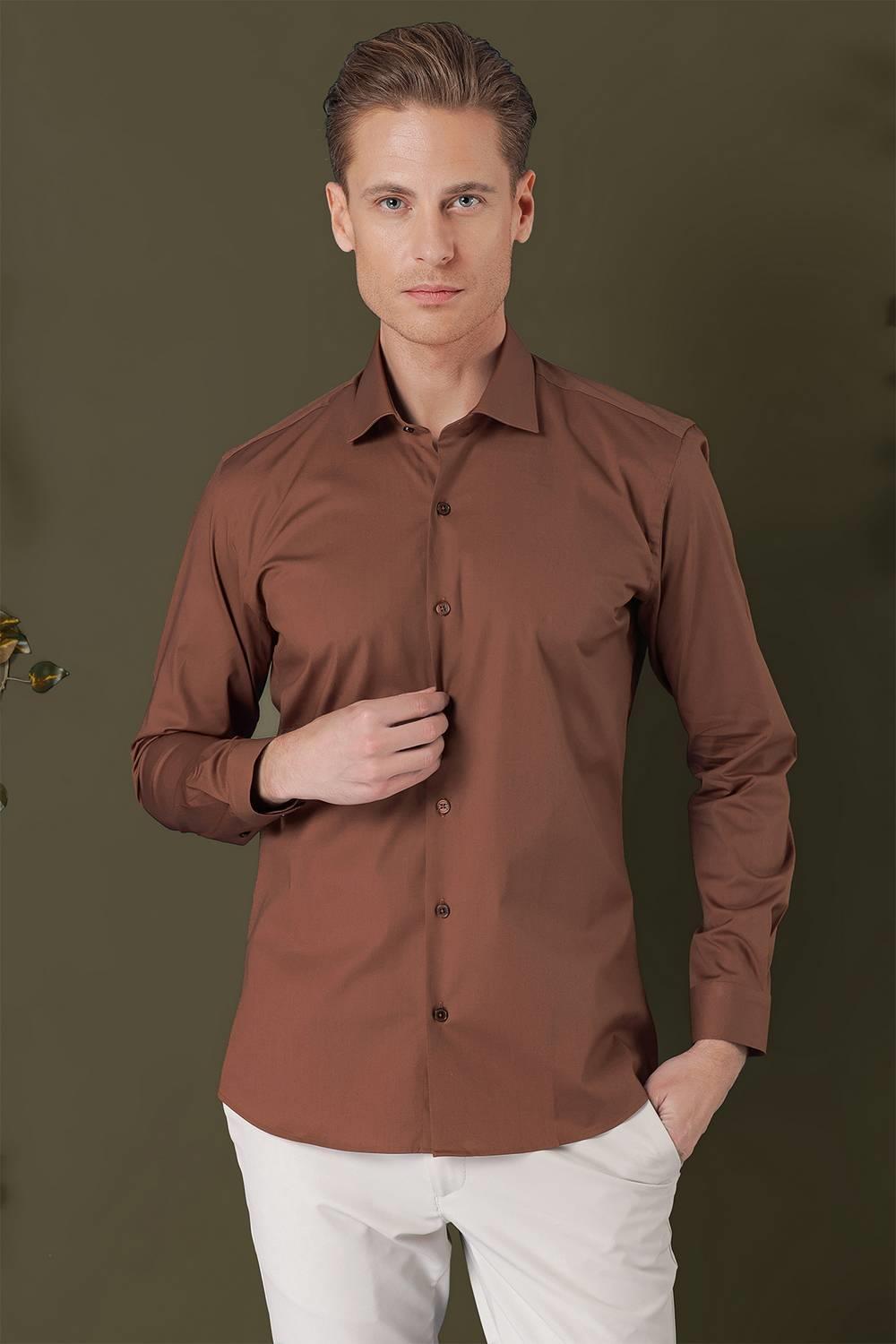 GK 709 Slim Fit Taba Klasik Gömlek
