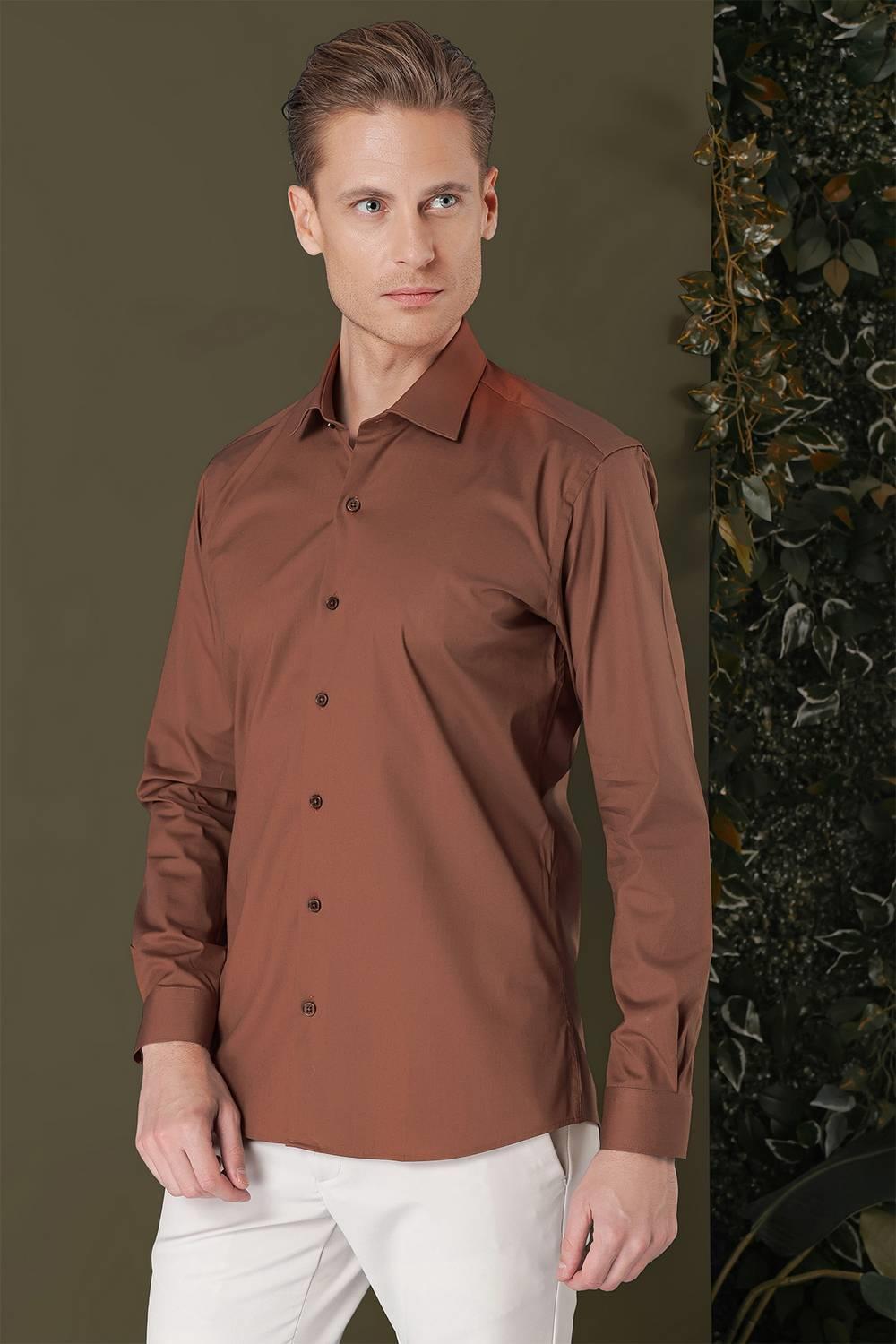 GK 709 Slim Fit Taba Klasik Gömlek