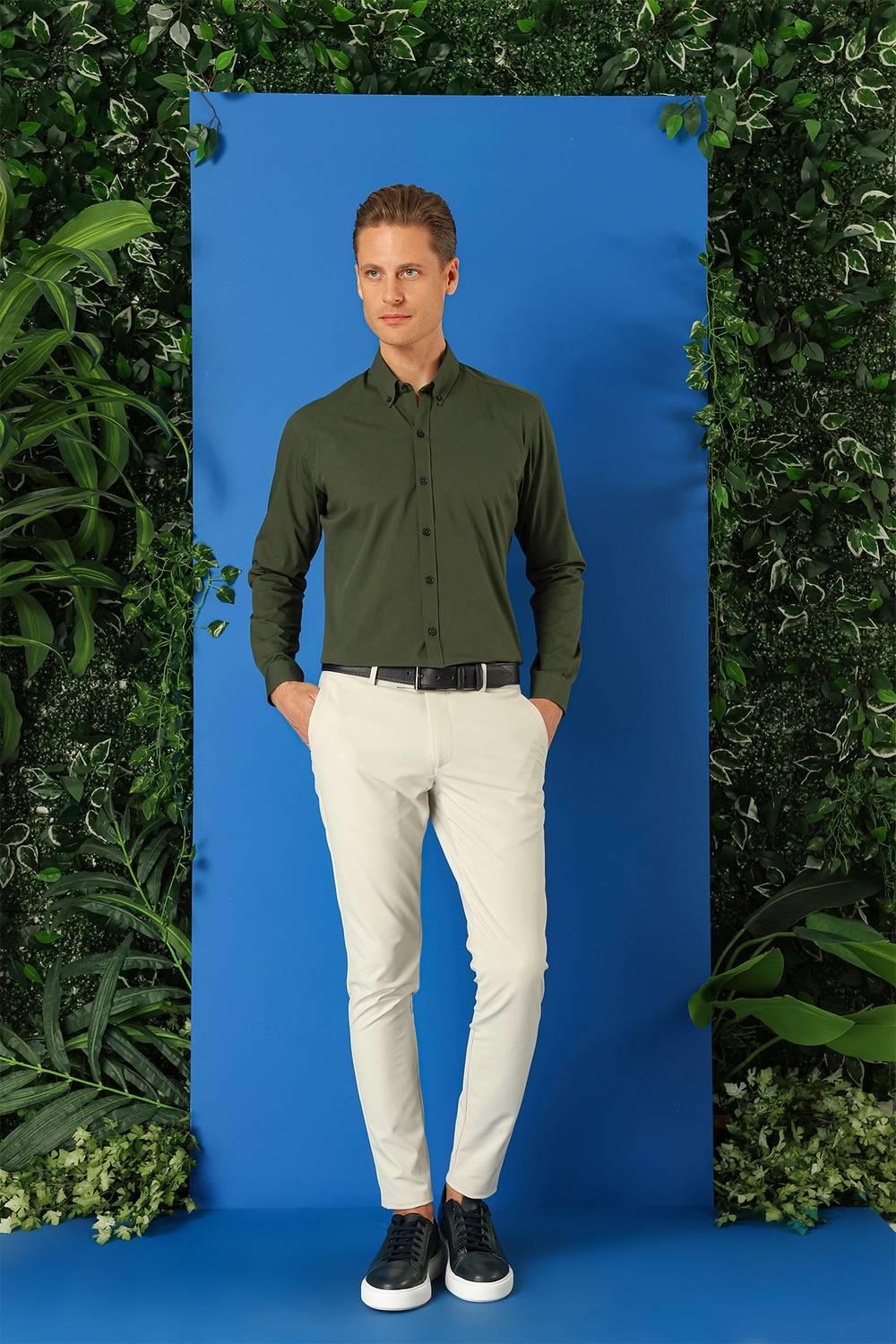 Gk 715 Slim Fit Düğmeli Yaka Pamuklu Klasik Haki Gömlek