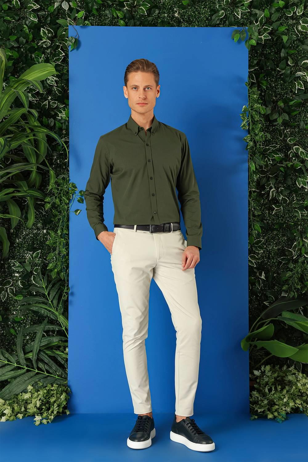 Gk 715 Slim Fit Düğmeli Yaka Pamuklu Klasik Haki Gömlek