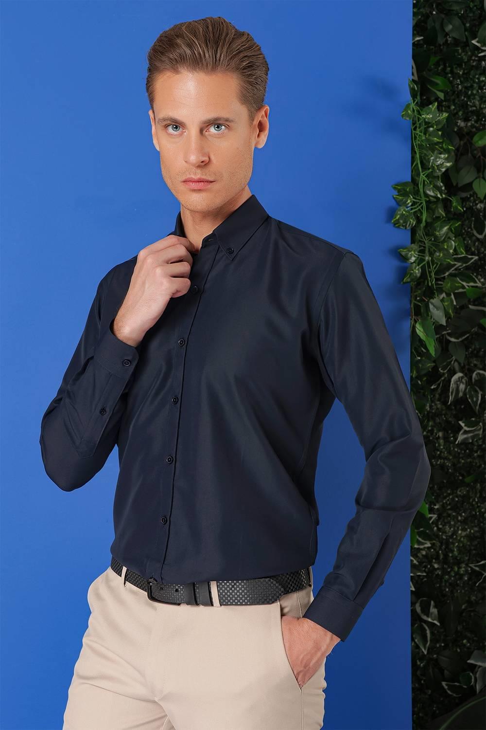 Gk 715 Slim Fit Düğmeli Yaka Pamuklu Klasik Lacivert Gömlek