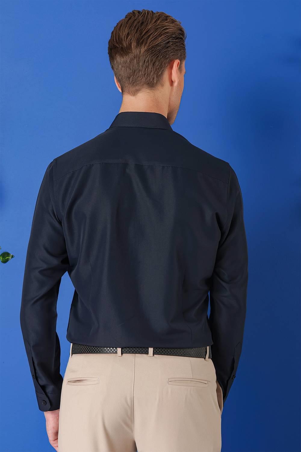 Gk 715 Slim Fit Düğmeli Yaka Pamuklu Klasik Lacivert Gömlek