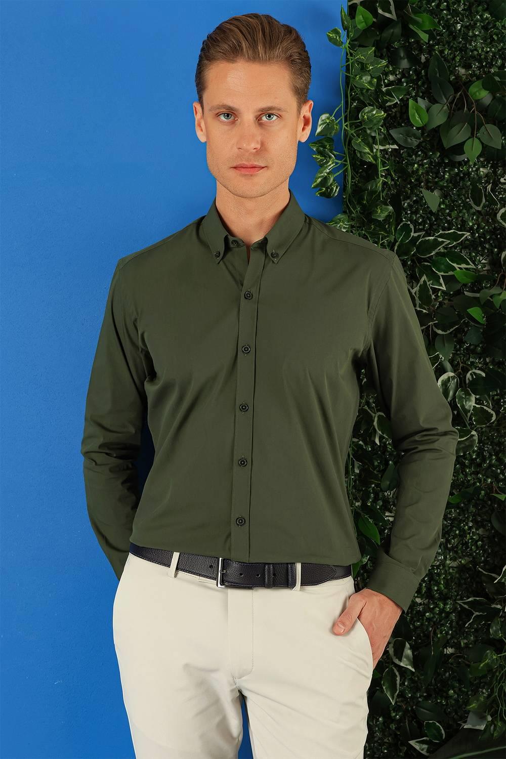 Gk 715 Slim Fit Düğmeli Yaka Pamuklu Klasik Haki Gömlek