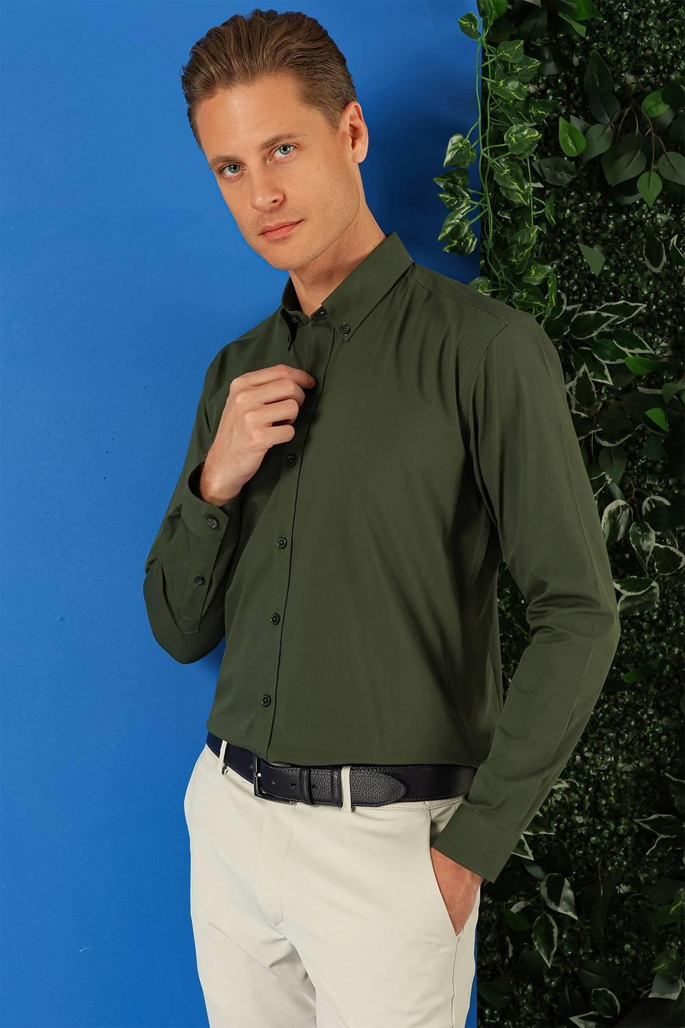Gk 715 Slim Fit Düğmeli Yaka Pamuklu Klasik Haki Gömlek