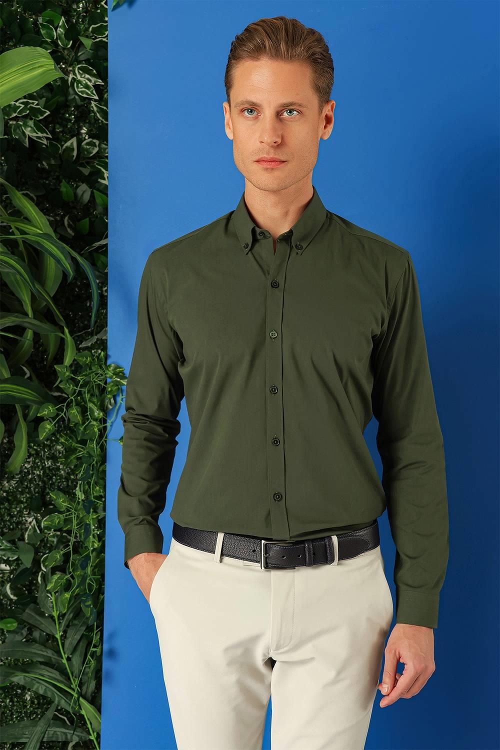 Gk 715 Slim Fit Düğmeli Yaka Pamuklu Klasik Haki Gömlek