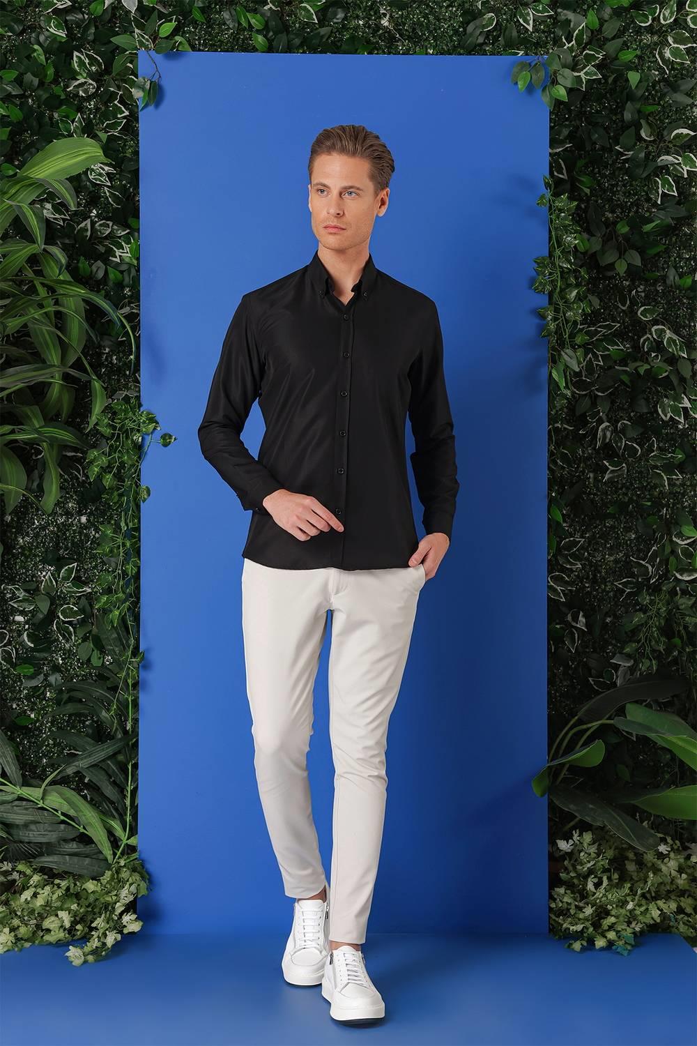 Gk 715 Slim Fit Düğmeli Yaka Pamuklu Klasik Siyah Gömlek