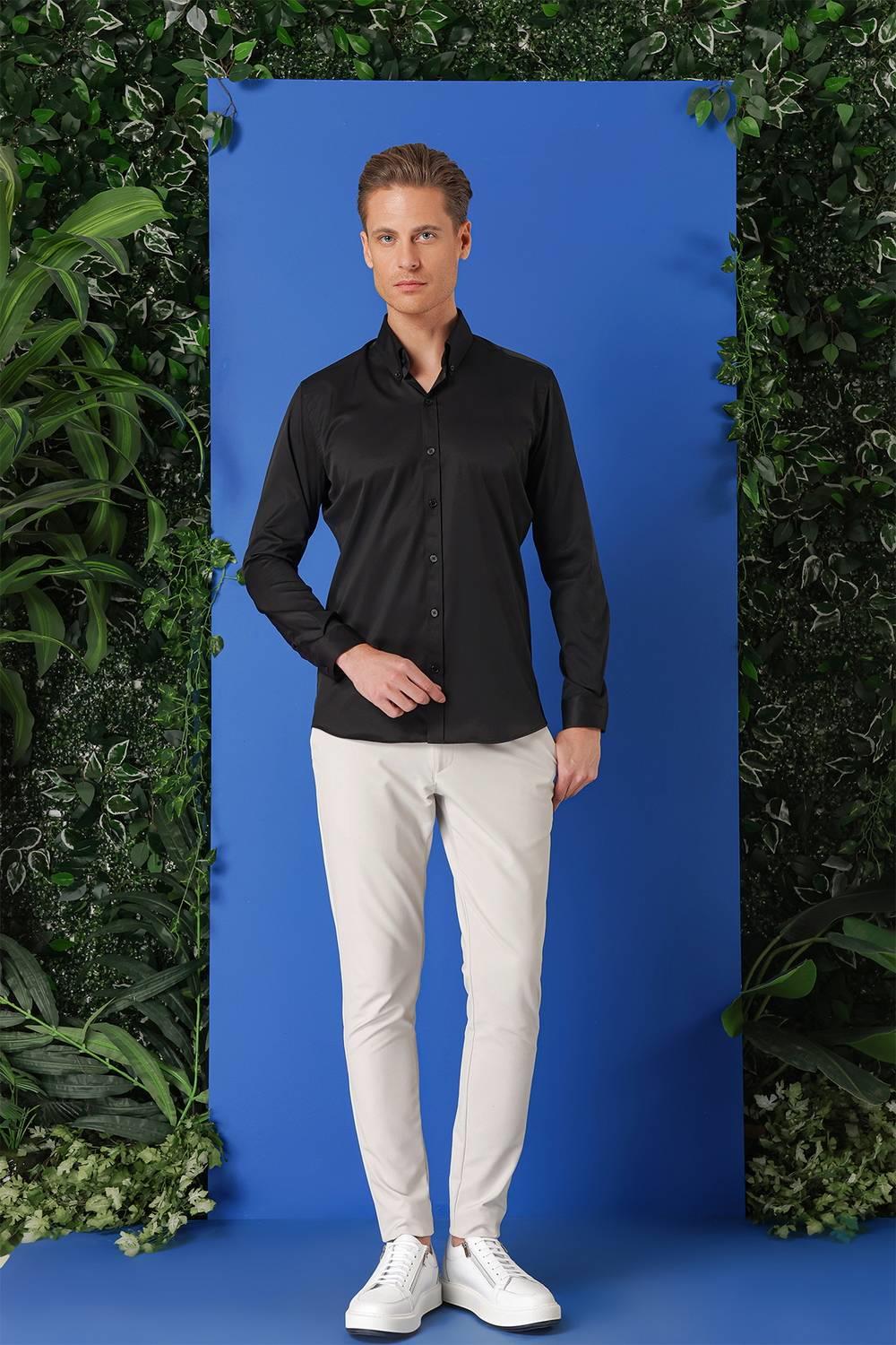 Gk 716 Slim Fit Düğmeli Yaka Uzun Kol Pamuklu Klasik Siyah Gömlek