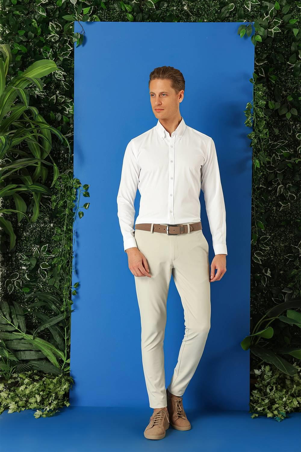 Gk 716 Slim Fit Düğmeli Yaka Uzun Kol Pamuklu Klasik Beyaz Gömlek