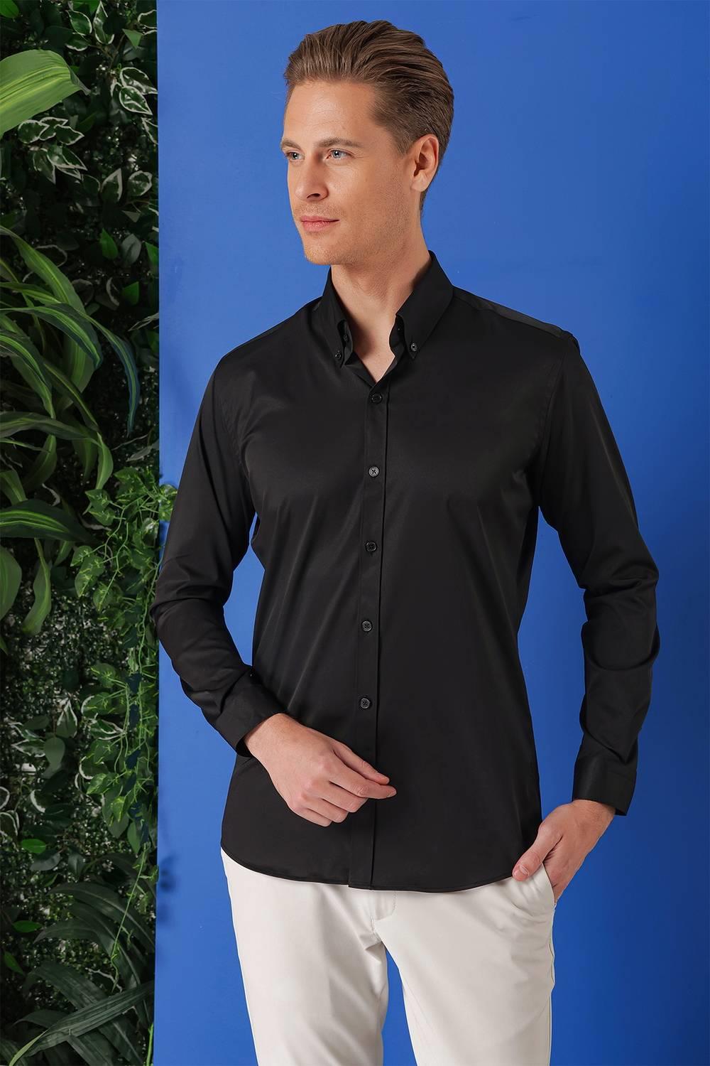 Gk 716 Slim Fit Düğmeli Yaka Uzun Kol Pamuklu Klasik Siyah Gömlek