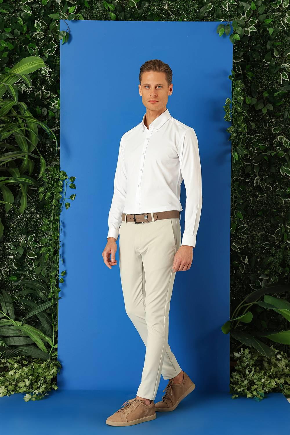Gk 716 Slim Fit Düğmeli Yaka Uzun Kol Pamuklu Klasik Beyaz Gömlek