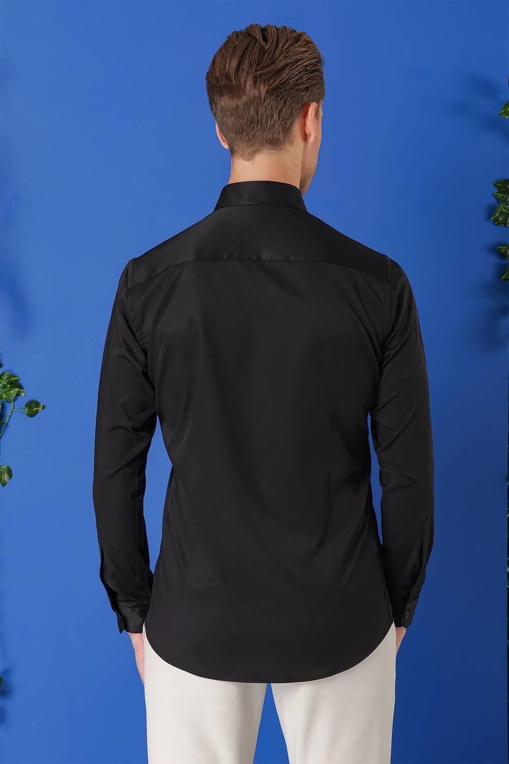 Gk 716 Slim Fit Düğmeli Yaka Uzun Kol Pamuklu Klasik Siyah Gömlek
