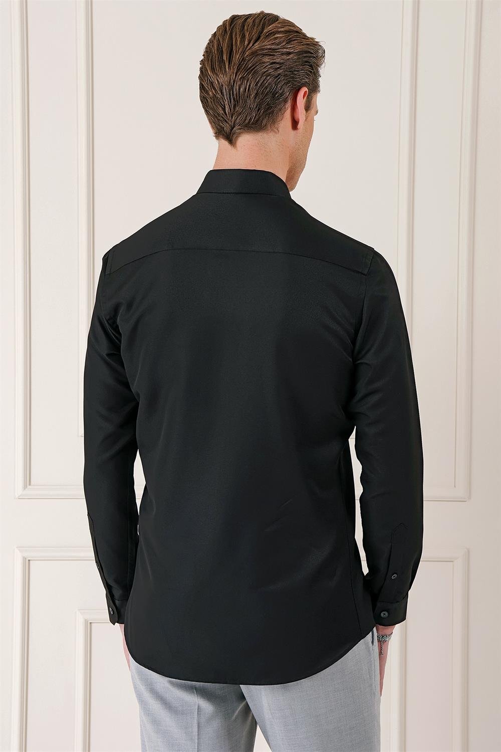Gk 717 Slim Fit Düğmeli Yaka Dokulu Pamuklu Klasik Siyah Gömlek