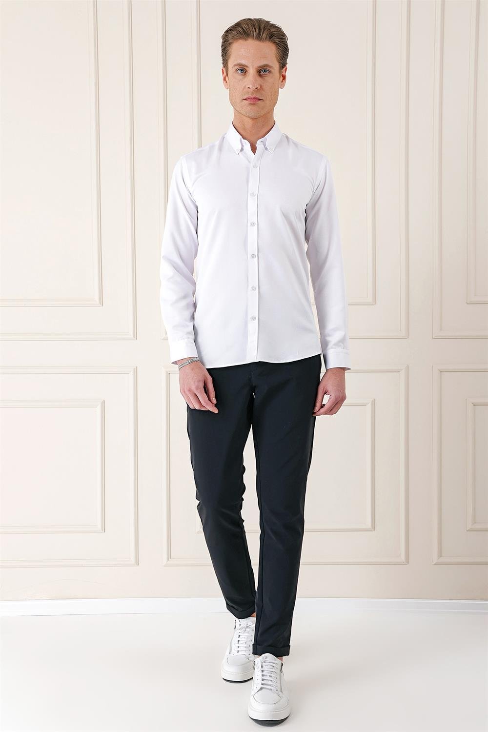 Gk 717 Slim Fit Düğmeli Yaka Dokulu Pamuklu Klasik Beyaz Gömlek