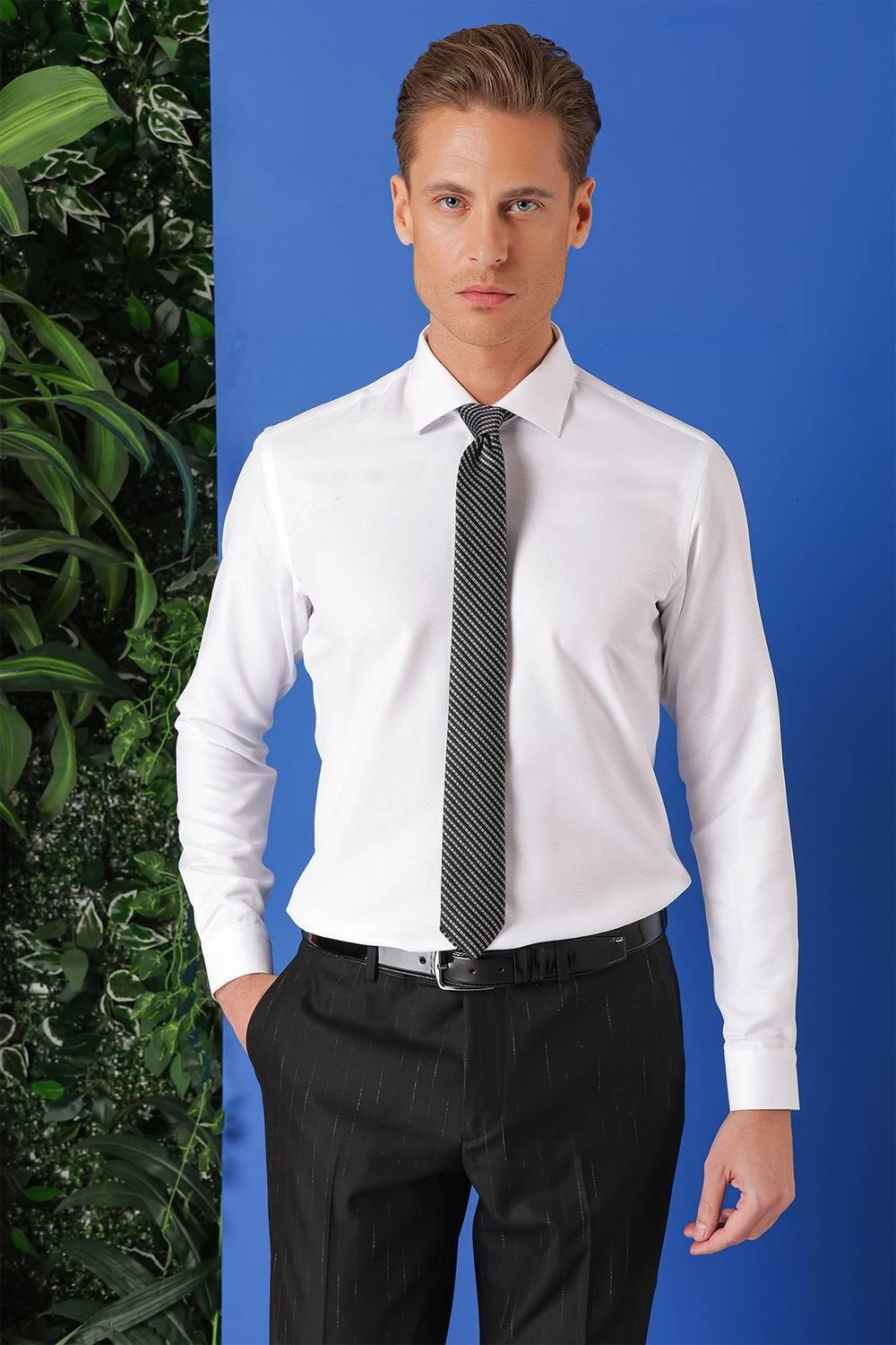 Gk 719 Slim Fit Dokulu Pamuklu Klasik Beyaz Gömlek