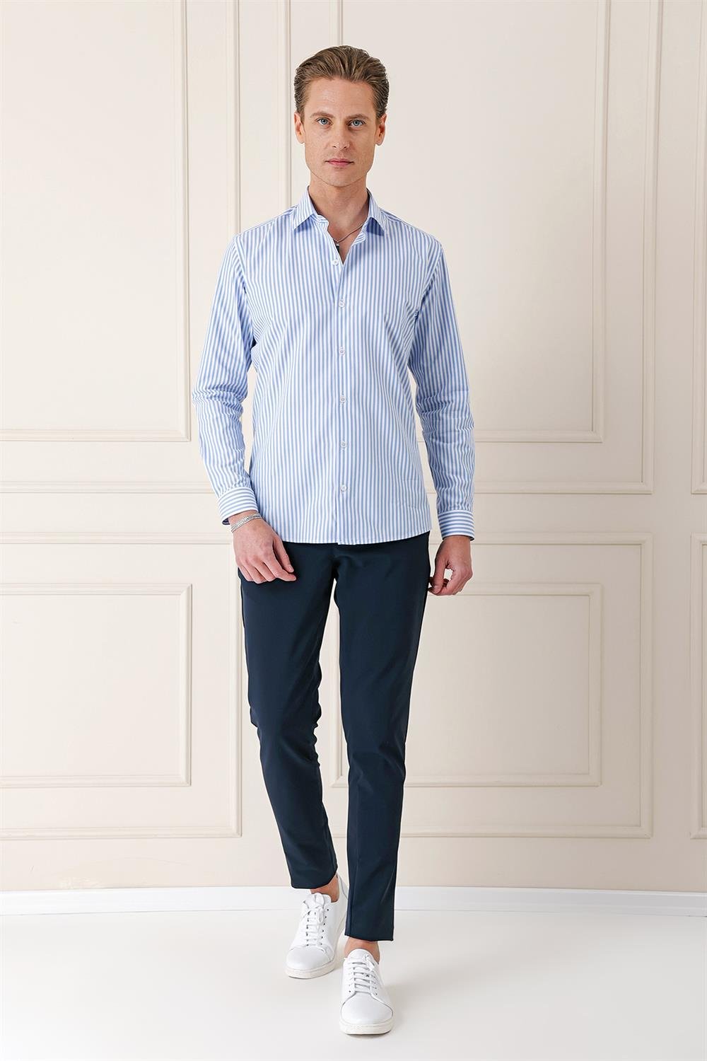 Gk 721 Slim Fit Dikine Çizgili %100 Pamuk Klasik Mavi Beyaz Gömlek