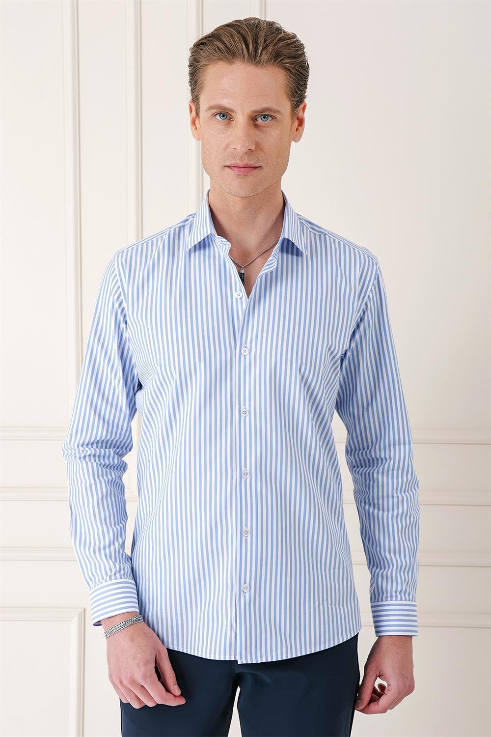 Gk 721 Slim Fit Dikine Çizgili %100 Pamuk Klasik Mavi Beyaz Gömlek