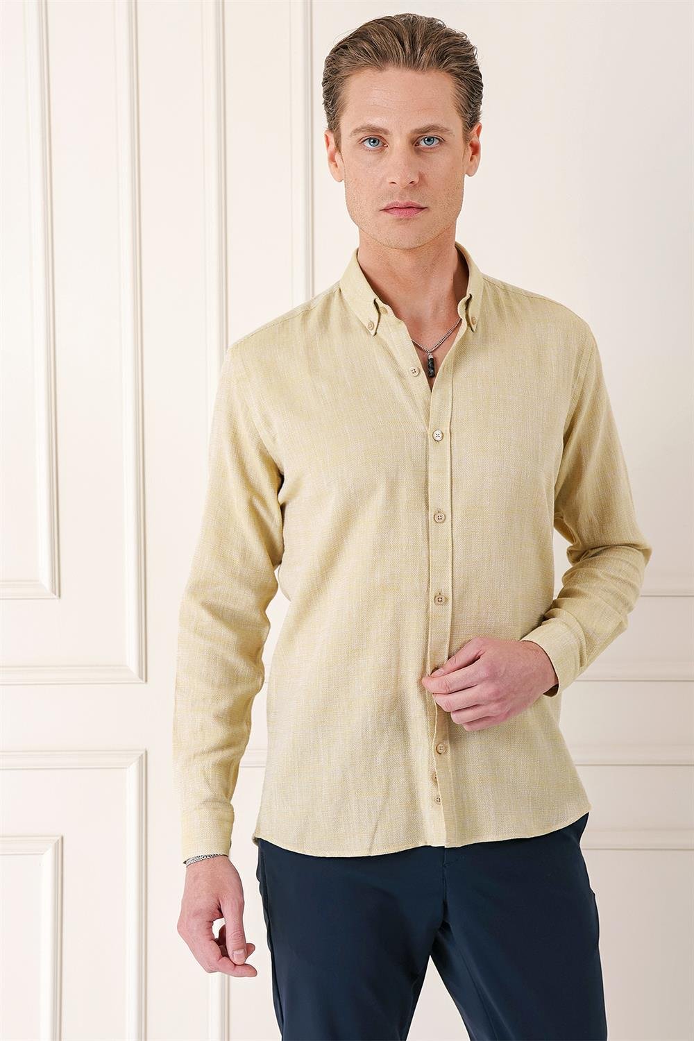 Gk 723 Slim Fit Düğmeli Yaka %100 Pamuk Klasik Limon Gömlek