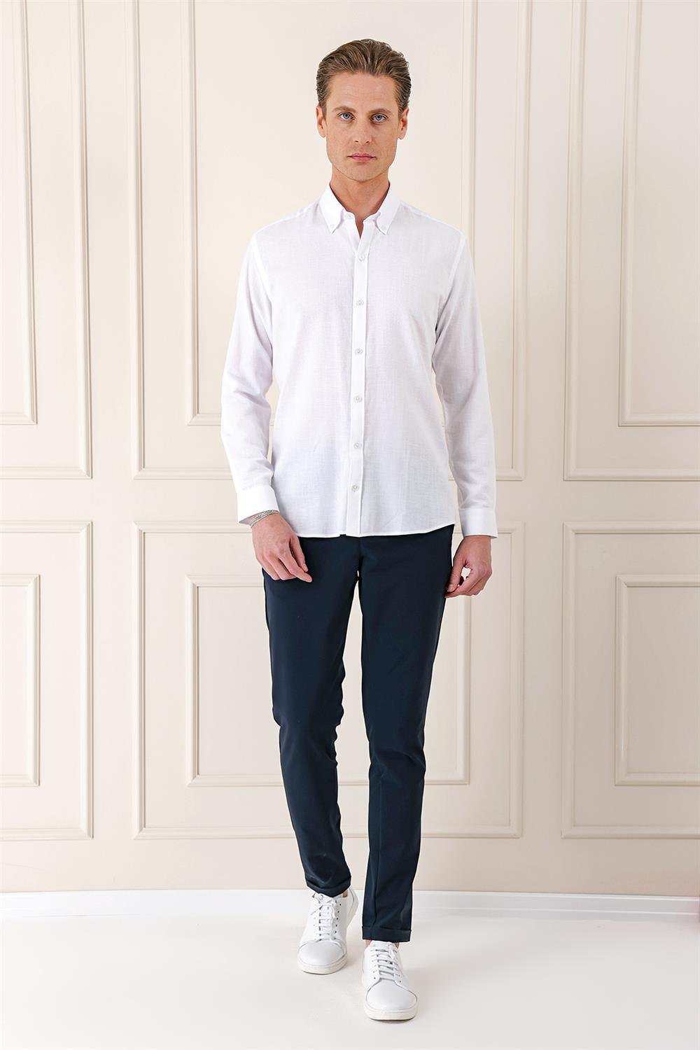 Gk 723 Slim Fit Düğmeli Yaka %100 Pamuk Klasik Beyaz Gömlek