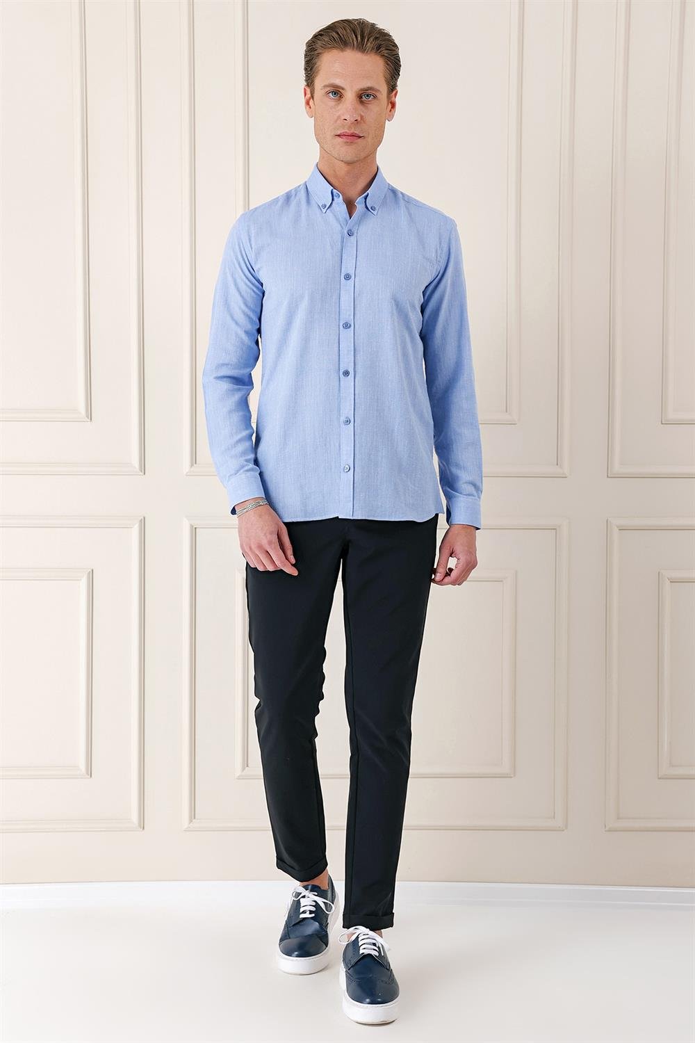 Gk 723 Slim Fit Düğmeli Yaka %100 Pamuk Klasik Mavi Gömlek