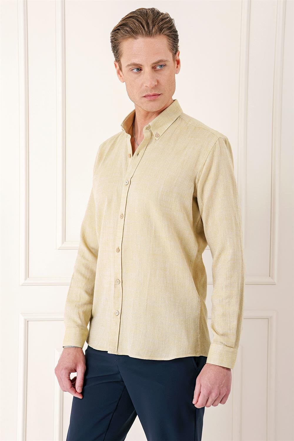 Gk 723 Slim Fit Düğmeli Yaka %100 Pamuk Klasik Limon Gömlek