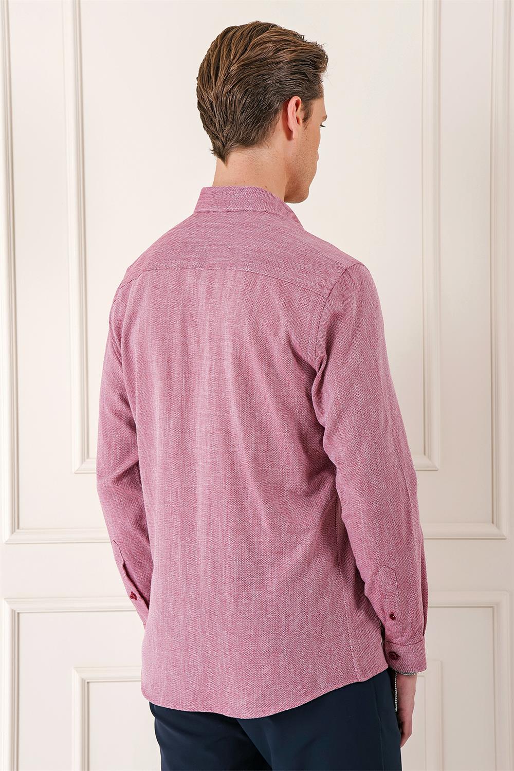Gk 723 Slim Fit Düğmeli Yaka %100 Pamuk Klasik Bordo Gömlek