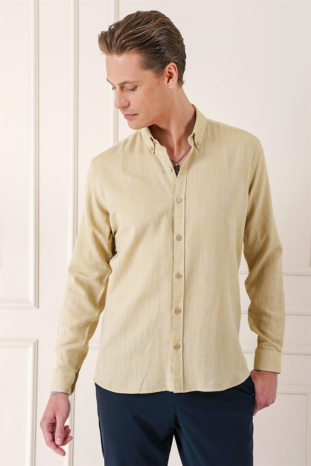 Gk 723 Slim Fit Düğmeli Yaka %100 Pamuk Klasik Limon Gömlek