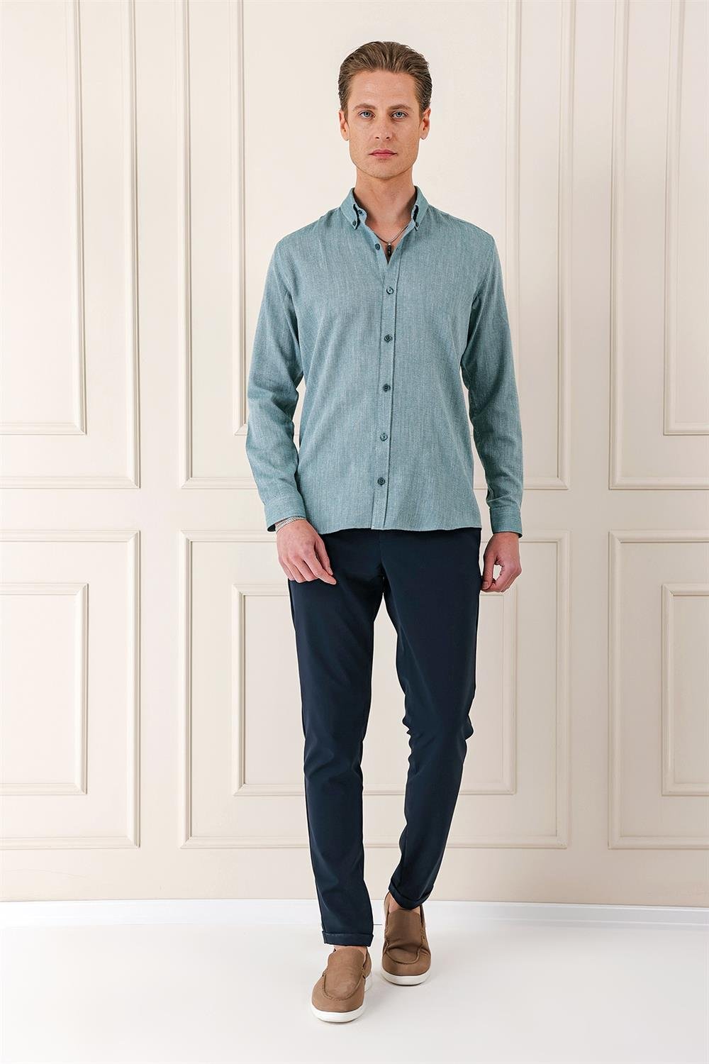 Gk 723 Slim Fit Düğmeli Yaka %100 Pamuk Klasik Yeşil Gömlek
