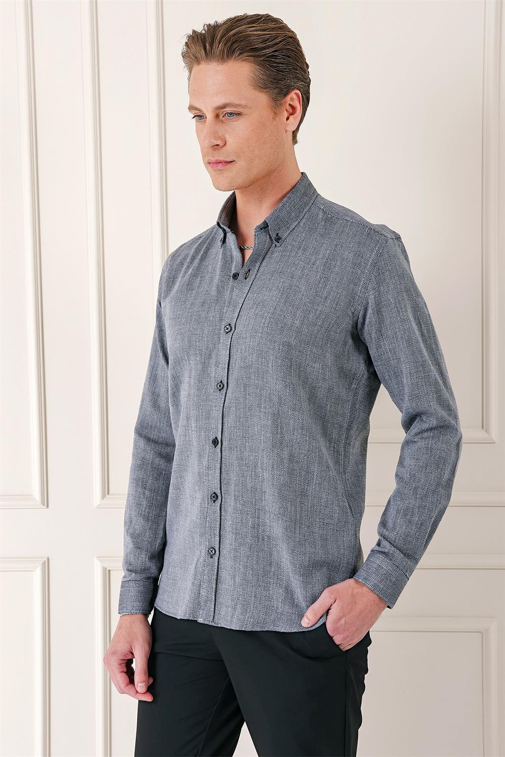 Gk 723 Slim Fit Düğmeli Yaka %100 Pamuk Klasik Siyah Gömlek