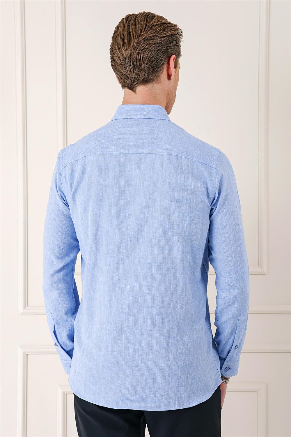 Gk 723 Slim Fit Düğmeli Yaka %100 Pamuk Klasik Mavi Gömlek