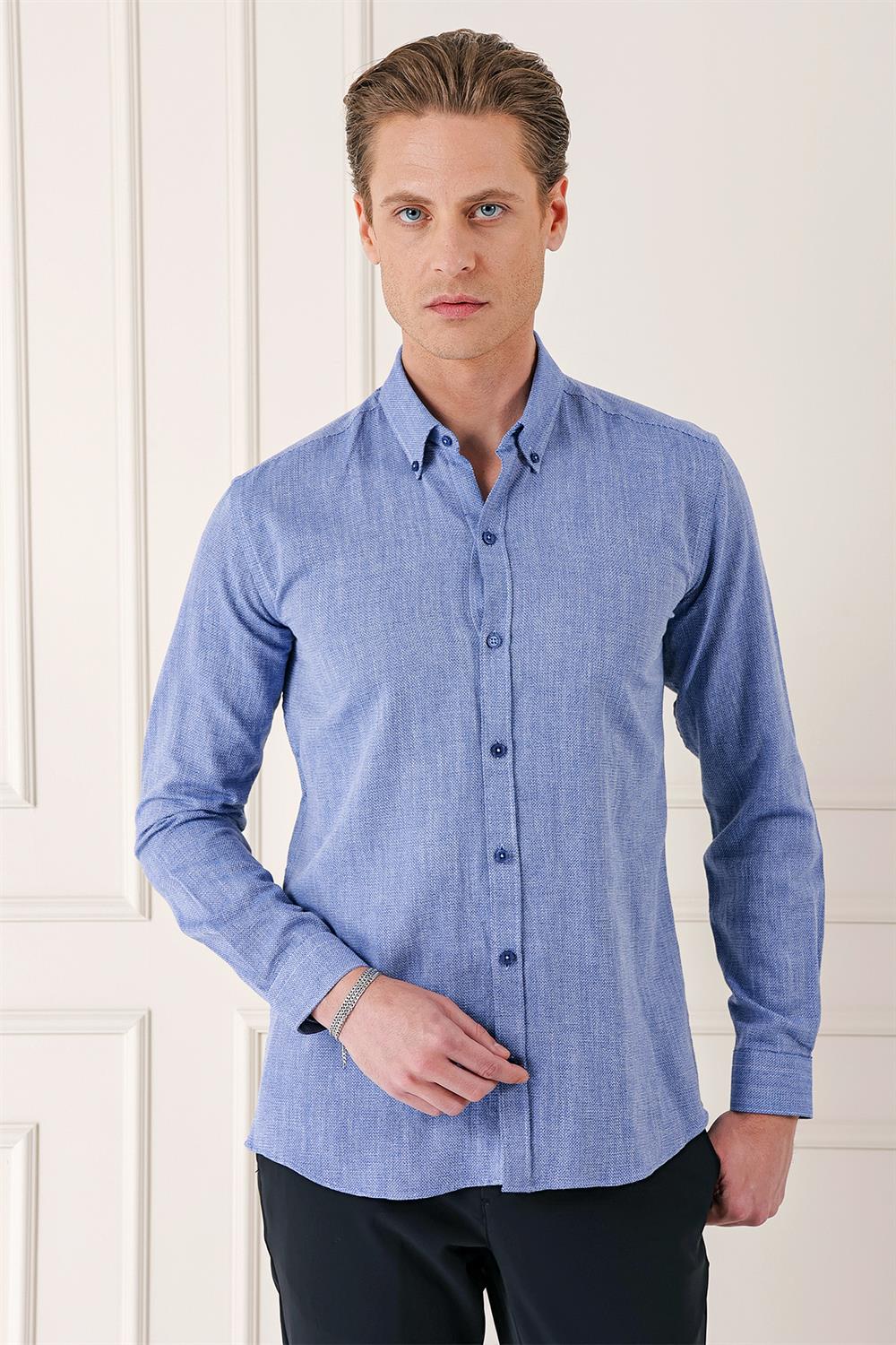Gk 723 Slim Fit Düğmeli Yaka %100 Pamuk Klasik Koyu Mavi Gömlek