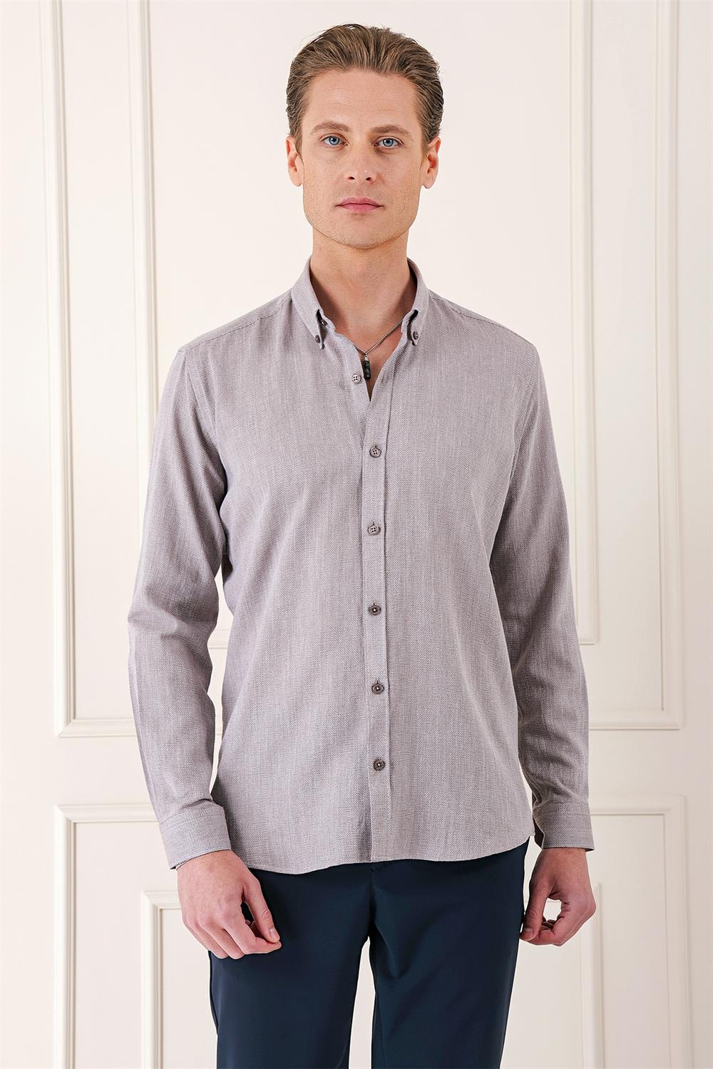 Gk 723 Slim Fit Düğmeli Yaka %100 Pamuk Klasik Vizon Gömlek