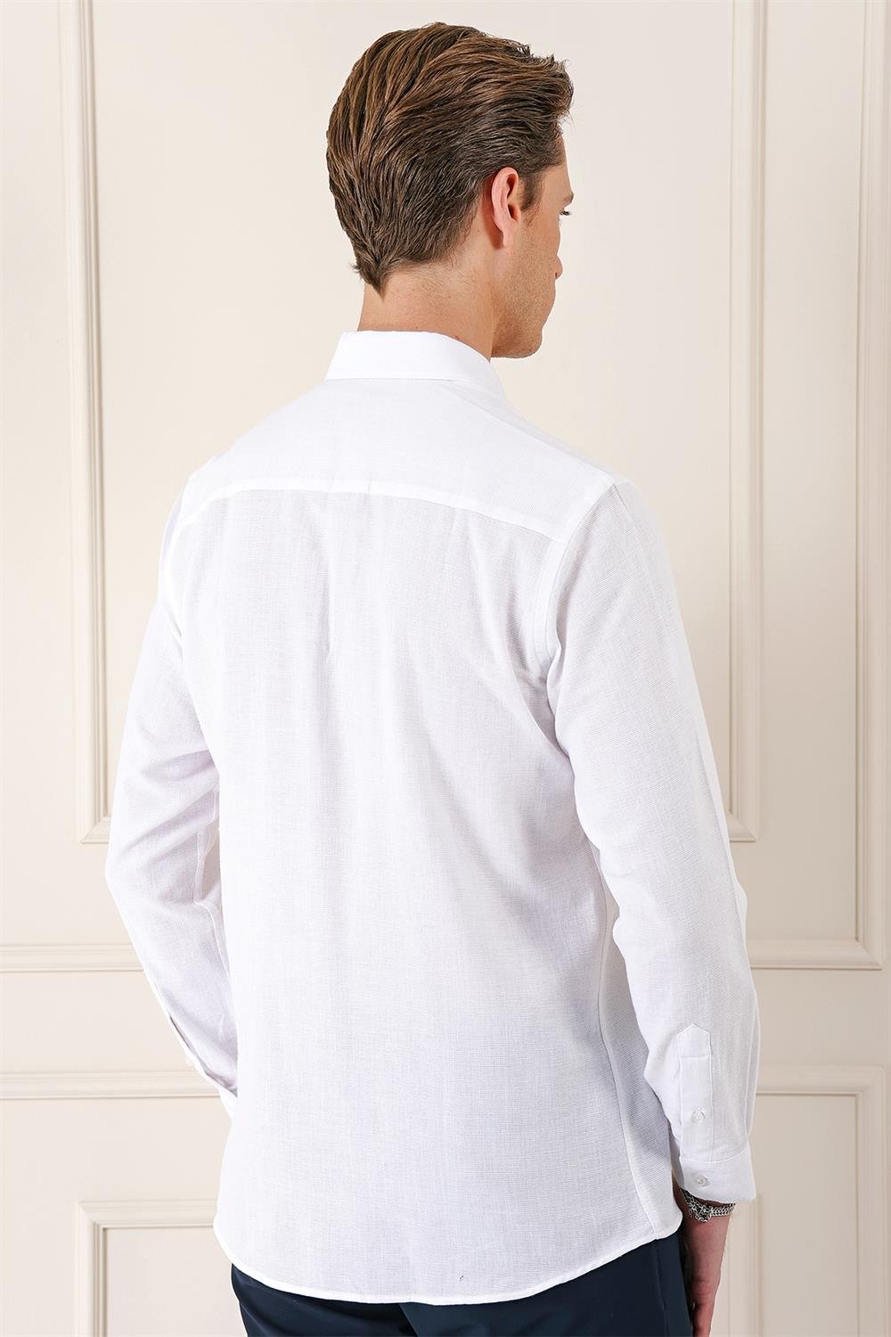 Gk 723 Slim Fit Düğmeli Yaka %100 Pamuk Klasik Beyaz Gömlek