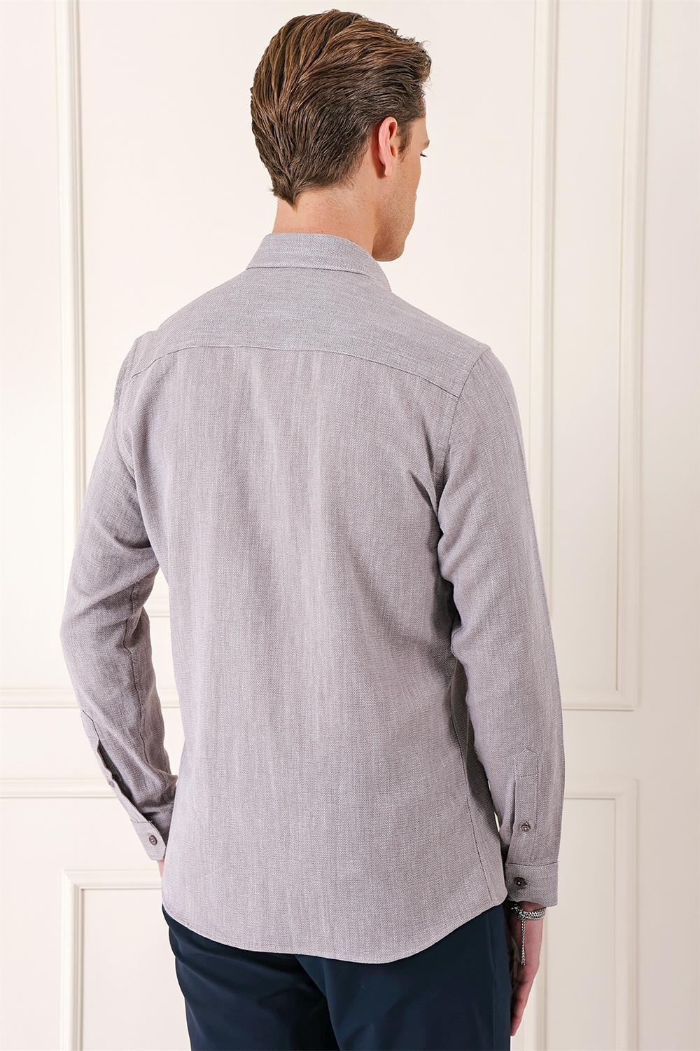 Gk 723 Slim Fit Düğmeli Yaka %100 Pamuk Klasik Vizon Gömlek