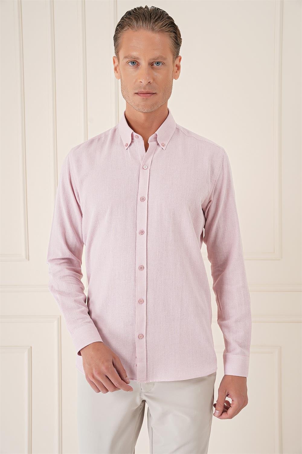Gk 723 Slim Fit Düğmeli Yaka %100 Pamuk Klasik Pudra Gömlek