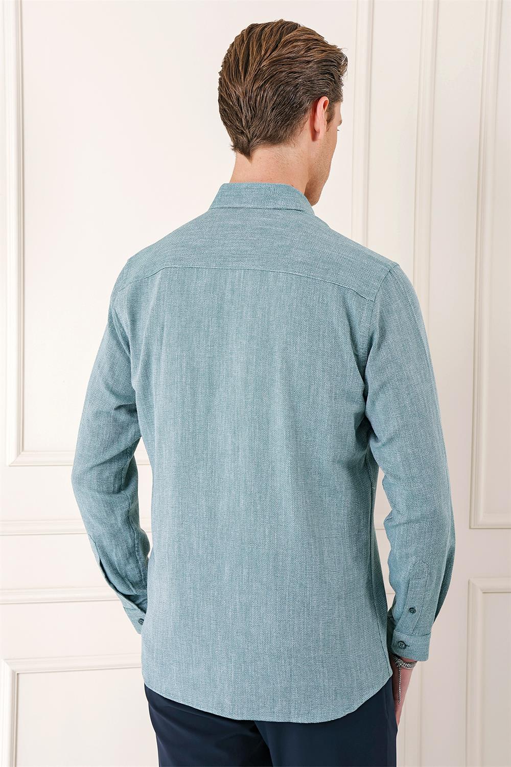 Gk 723 Slim Fit Düğmeli Yaka %100 Pamuk Klasik Yeşil Gömlek